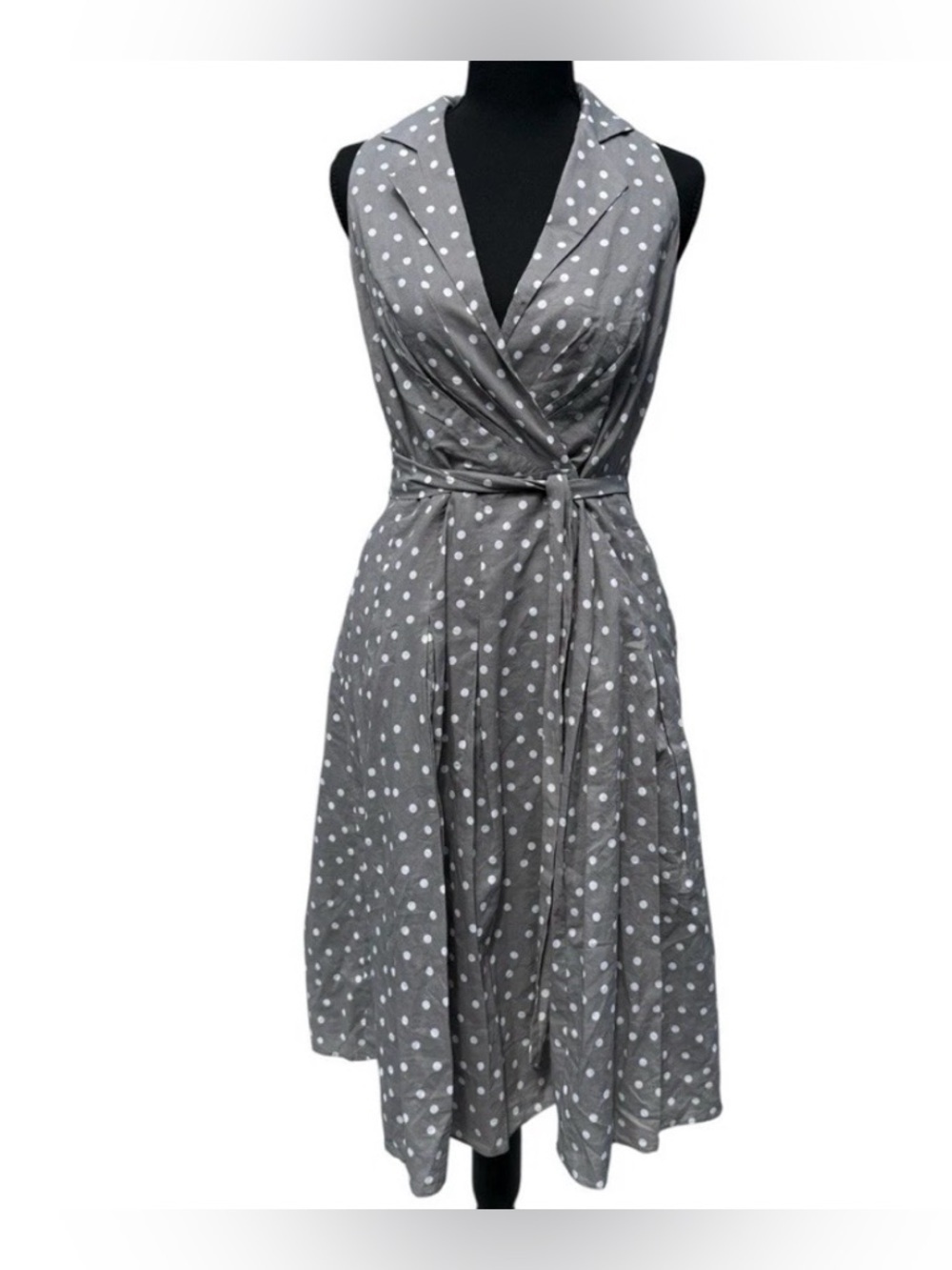 Jones New York Gray Polka Dot Wrap Midi Dress
